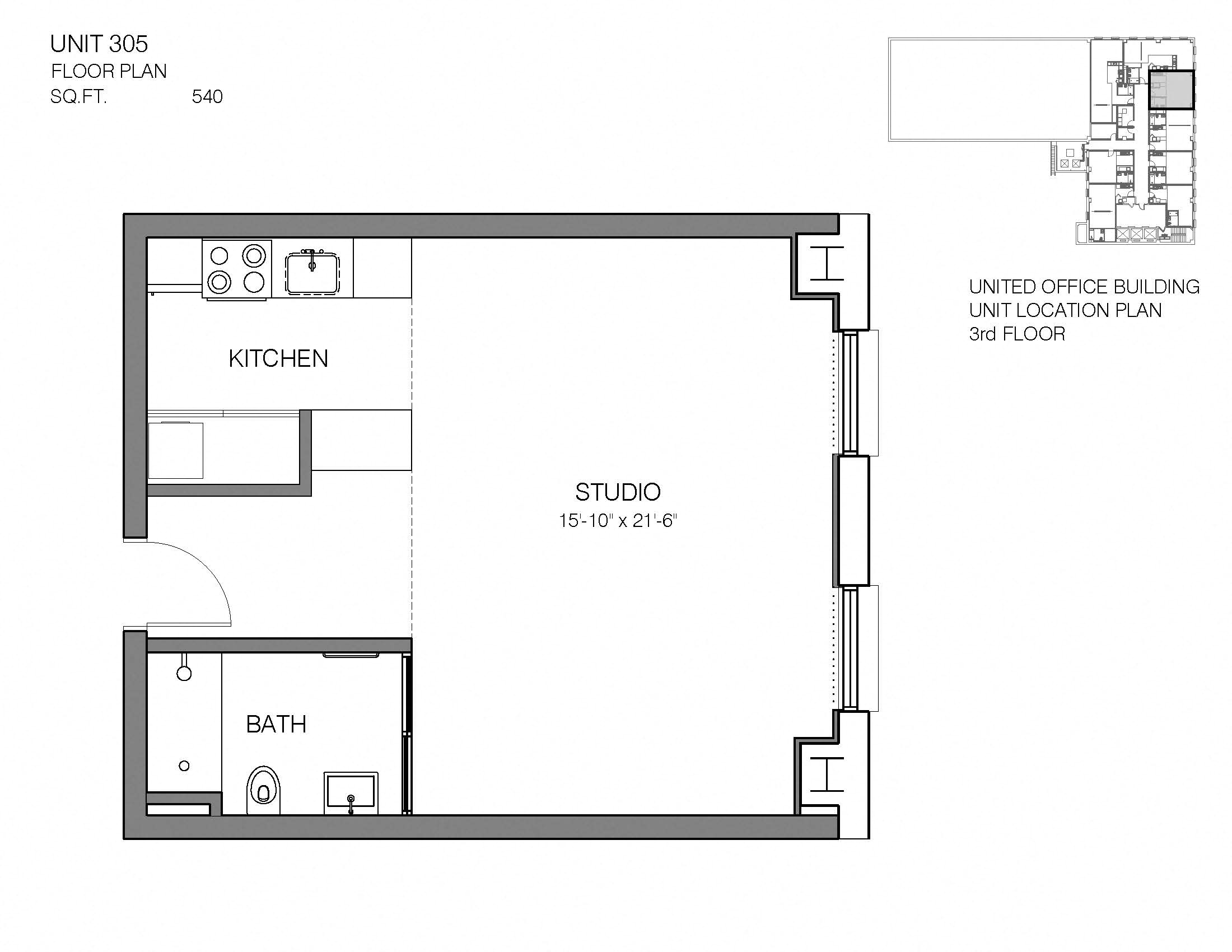 Floor plan for studio, 1 bath, 540 sqft